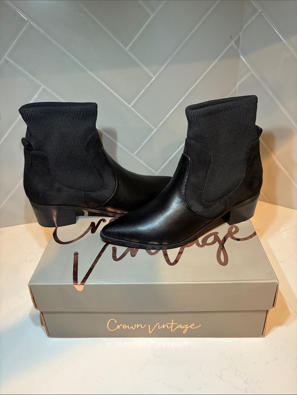 Crown Vintage Black Pointed Toe Sock Ankle Boots